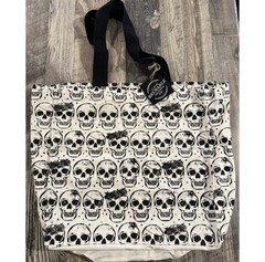 Beige & Black Skulls Halloween 100% Cotton Canvas XL Reusable Shopping Tote Bag