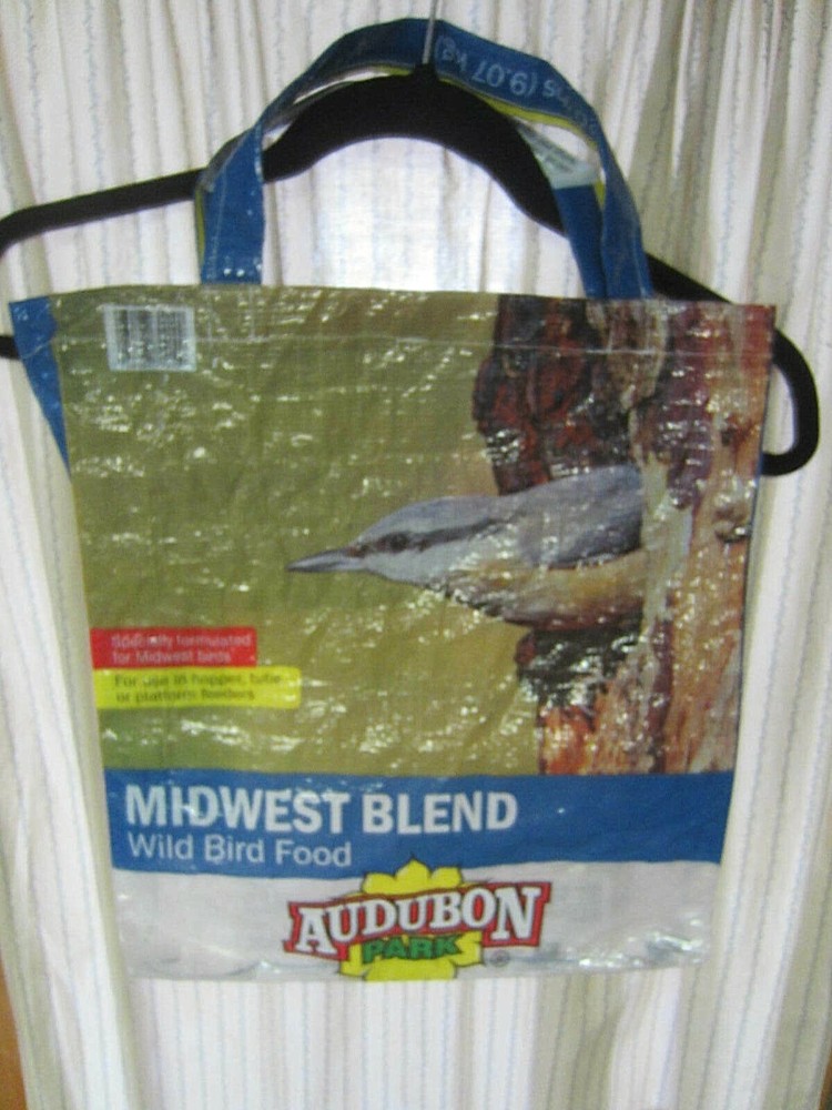 UPCYCLE~BIRD IN A TREE~BIRD FOOD~RECYCLED FEED BAG~GROCERY~MARKET TOTE