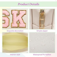 GEMLORD 3 Pieces Preppy Patch Makeup Bag, Small Chenille Letter Cosmetic PINK