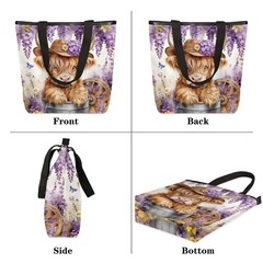 Purple Lavender Highland Cow Sunflower Canvas Tote Bag, Zippered Women’s Travel