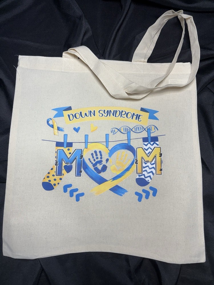 Canvas Foldable Tote Bag, Down Syndrome Mom Print, Blue Yellow, Beige Medium
