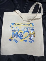Canvas Foldable Tote Bag, Down Syndrome Mom Print, Blue Yellow, Beige Medium
