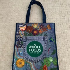 Whole Foods Market Reusable Washing Shopping Bag Denim Print with packet 14x12x6