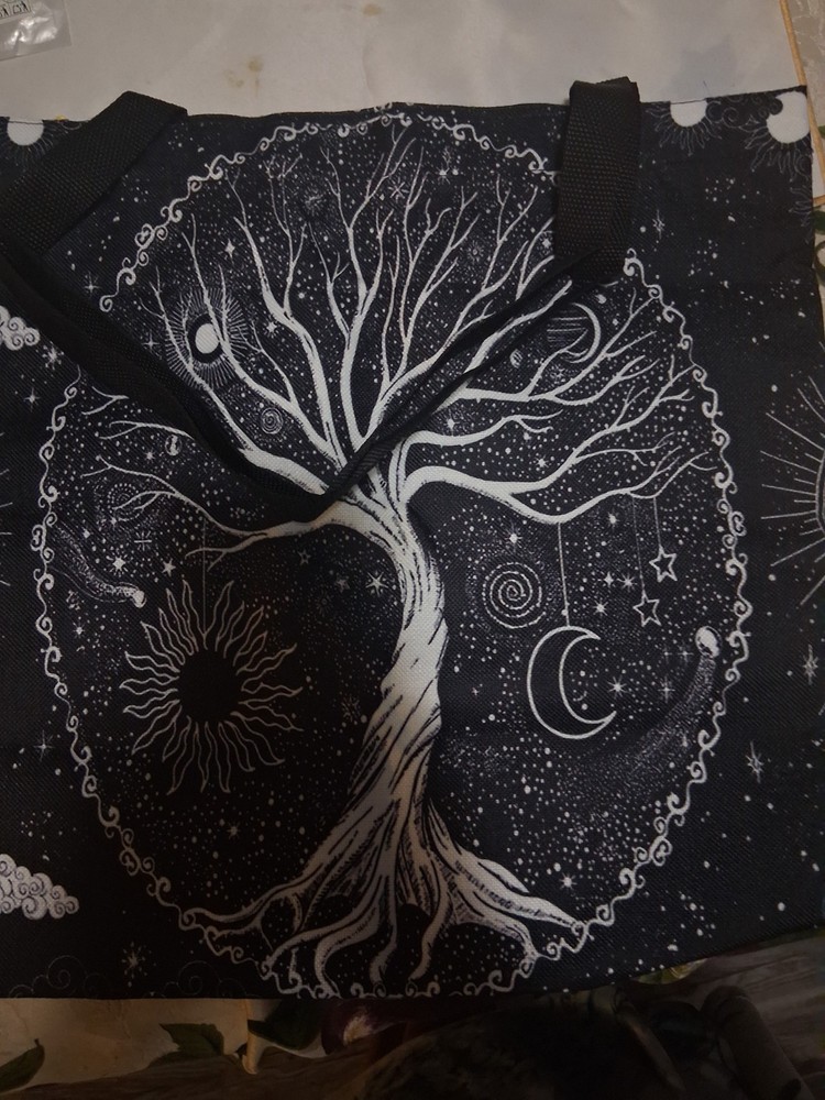 Black & White Celestial Tree Sun Moon Stars Reusable Tote Bag 7×6 in