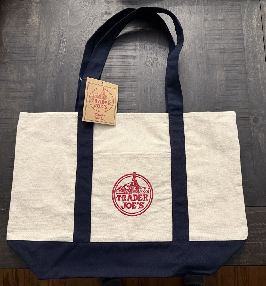 Trader Joe’s Large Dark Blue/Beige Tote Bag Brand New With Tags Free Shipping