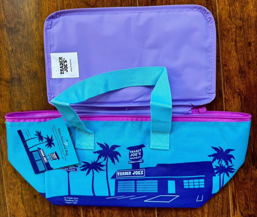 Trader Joes mini insulated bag ice blue with purple zipper