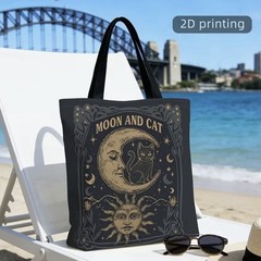 1pc Double-Sided 2D Flat Printing Shopping Tote Bag, Moon, Cat, Sun, Celestial