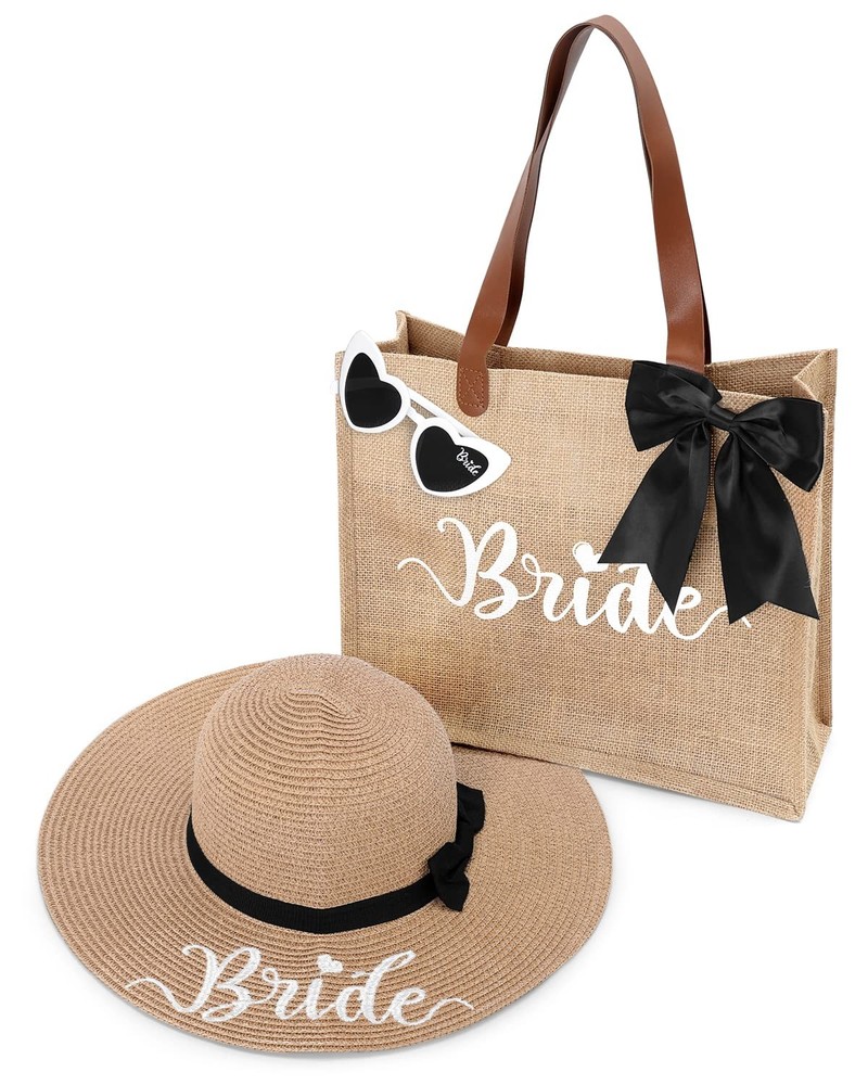 Bride Set Including Tote Bag, Sun Hat, and Glasses for Honeymoon, Beach, Brid…