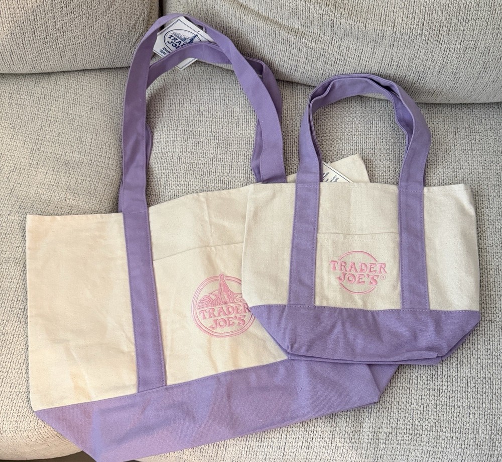 Trader Joe’s Canvas Limited Tote Shopping Bag LARGE And Mini Lavender – NWT