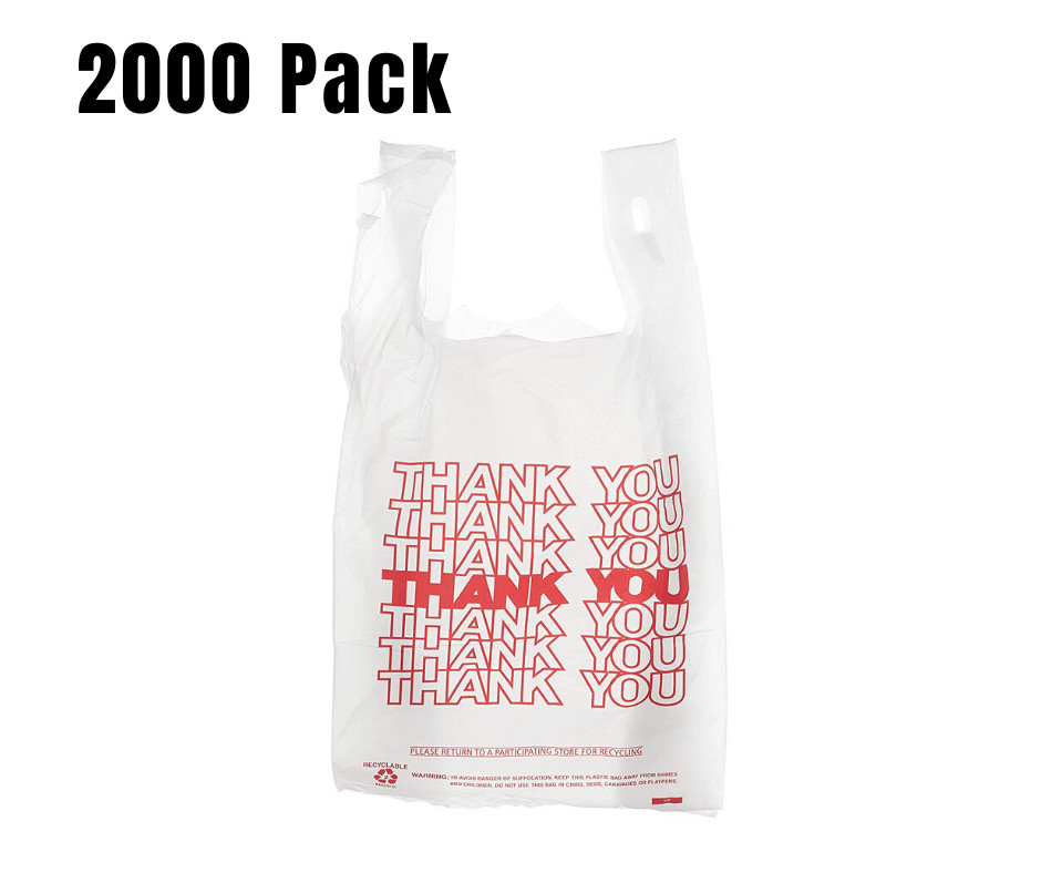 2000 Pack- 1/6 White Thank You Plastic Shopping Bags – T-Shirt Style – 22x12x8