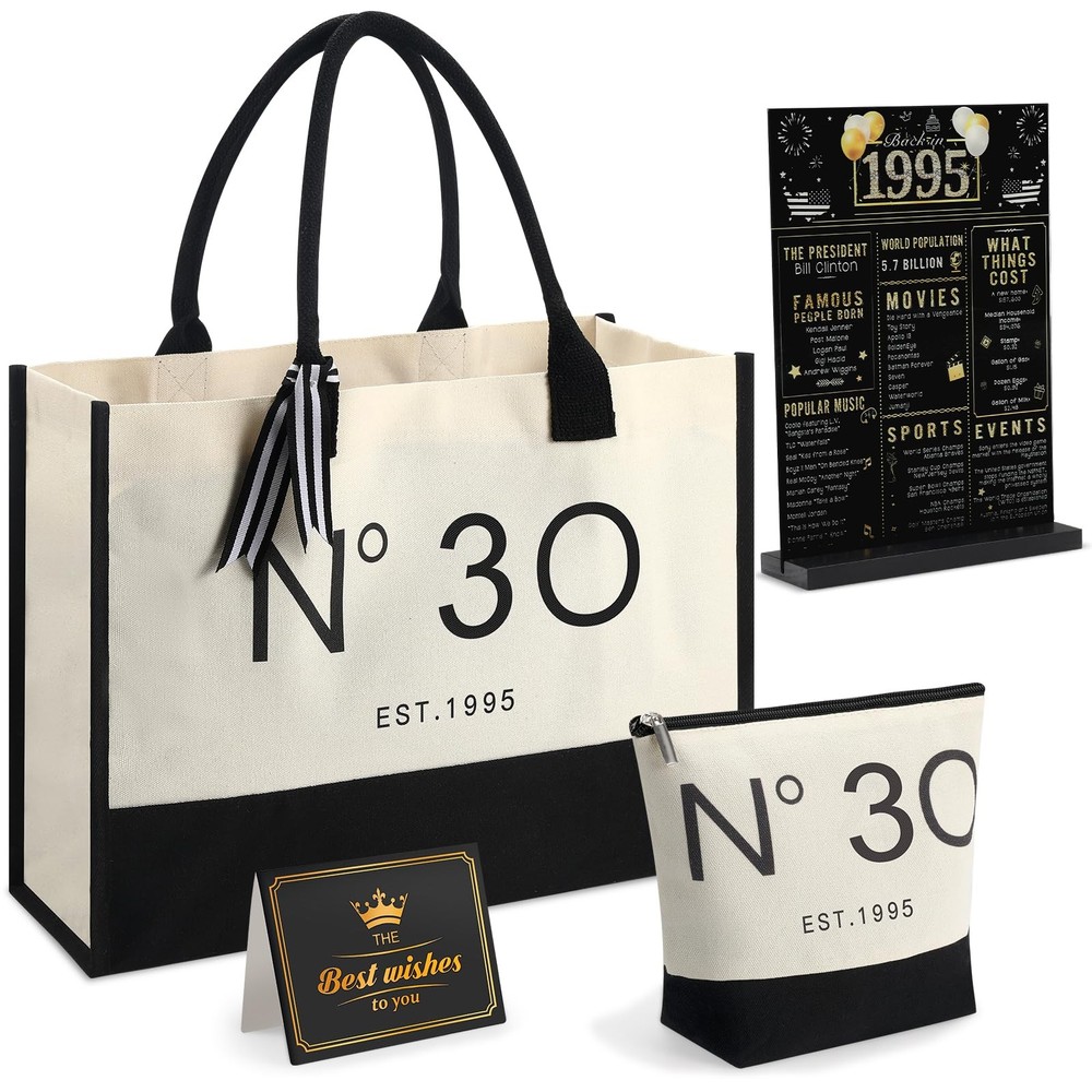 30th Birthday Gifts for Women – Canvas Beach Tote, Makeup Bag, Table Sign & Card
