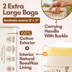 3 Pack Cotton Beeswax Bread Bags for Sourdough – Extra Large, Beige Pattern