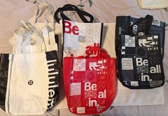 Lot Of 7 LULULEMON 12″x 9″ Reusable Tote Shopping Bags White Black Red Logo