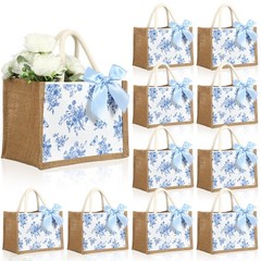 12 Pcs Floral Burlap Tote Bags with Handles Blue White Chinoiserie Jute Gift