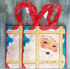 Reusable Shopping Grocery Tote Bags Christmas Holiday Santa Claus 2 Set New