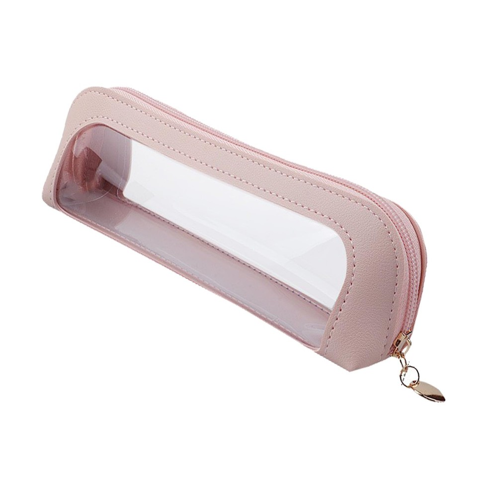 JMKEY Small Clear Makeup Bag, PU Leather Travel Brush Case Pink