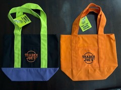 ~ 2 TRADER JOES ~ MINI CANVAS TOTE BAGS ~ MULTI-COLORED AND ORANGE ~ BRAND NEW ~