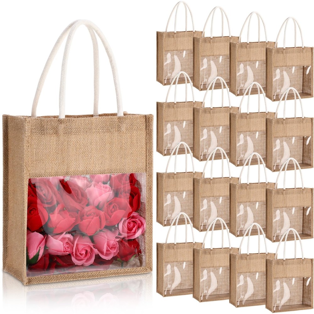 16 PCS Burlap Tote Gift Bags Soft Handles Heavy Duty Jute Shopping Women DIY