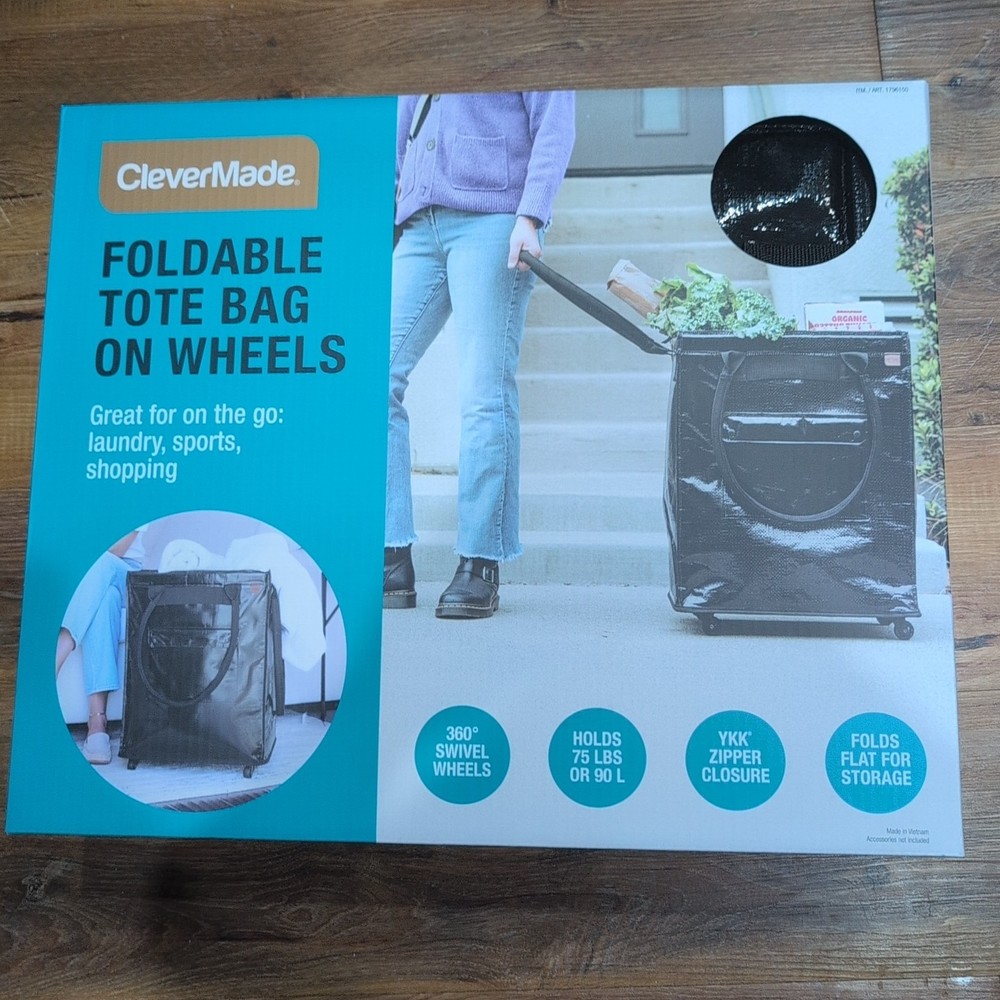 CleverMade Foldable Tote Bag on Wheels 14”Lx18”Wx24”H Soft Grip Black