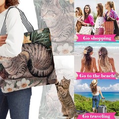 Cat Canvas Tote Bag, Cute-Tabby Shoulder Bag with Zipper for Women, Reusable …