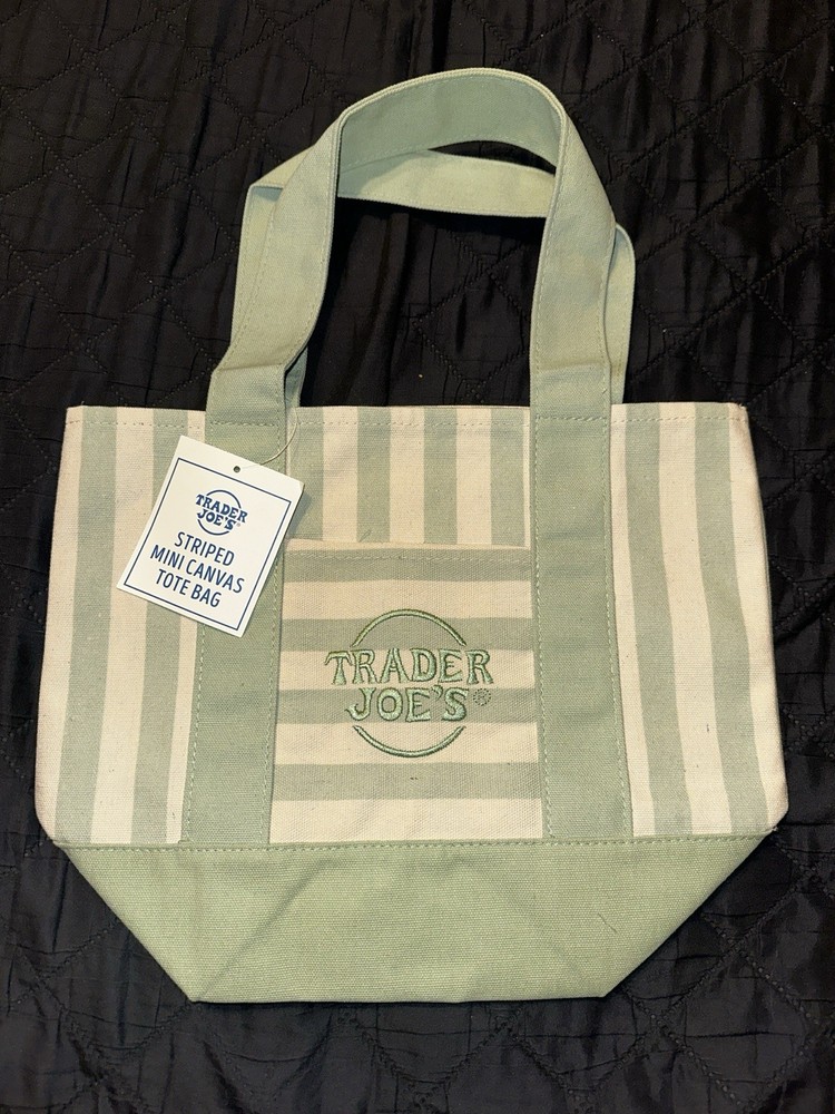 Trader Joe’s Striped Mini Canvas Tote Bag, Reusable, Green/White, Hand Wash Only