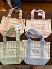 Trader Joe’s Set of 4 Striped Mini Canvas Tote Bags-Pink, Blue, Green Beige NEW