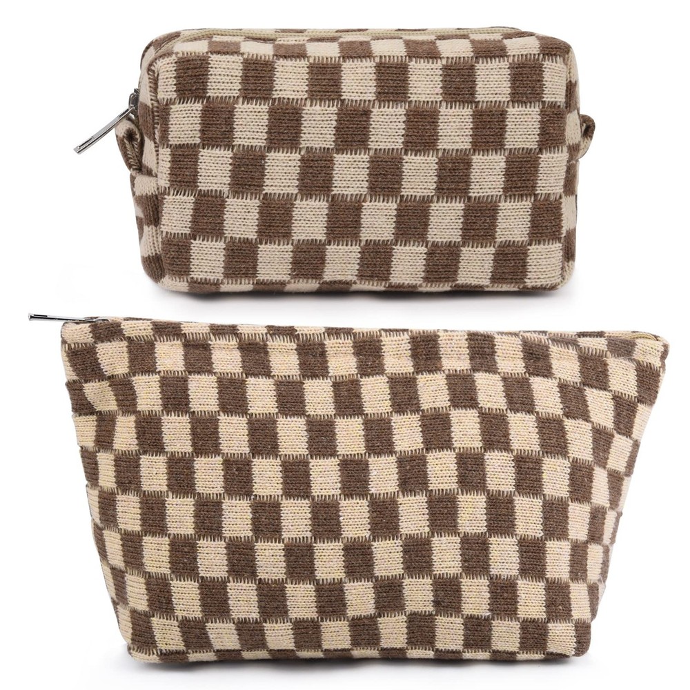 SOIDRAM 2 Pieces Makeup Bag Large Checkered Cosmetic Capacity Brown