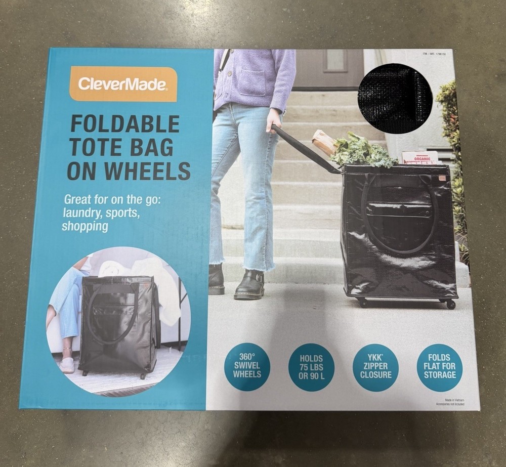 CleverMade Foldable Tote Bag on Wheels – 14”L x 18”W x 24”H – Black – Soft Grip