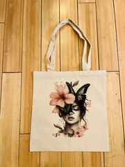 Beige Canvas Tote Bag Floral Woman Face Butterfly Print 15 x 16 in