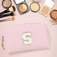 Gosuoa Initial Makeup Bag,Personalized preppy bag Waterproof PU Leather Pink
