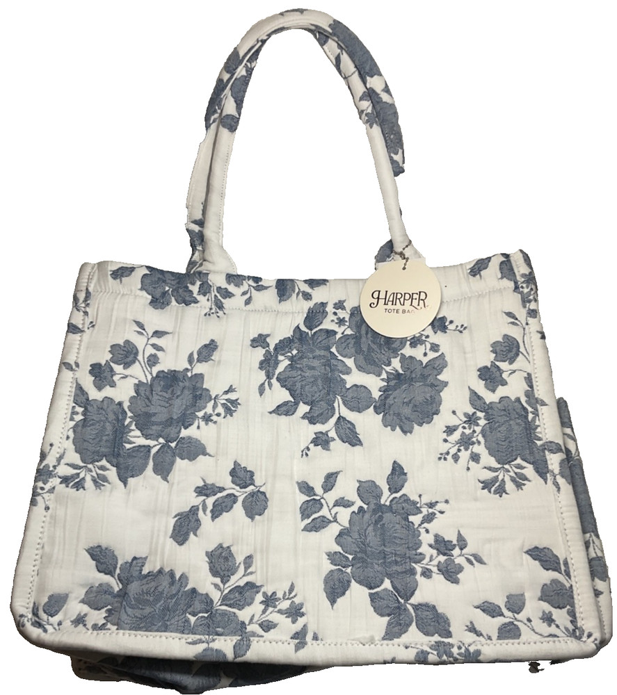 Harper Tote Shopping Bag WHITE BLUE FLOWERS 16.5 x 14 INCH 100% COTTON NWT