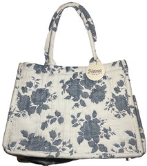 Harper Tote Shopping Bag WHITE BLUE FLOWERS 16.5 x 14 INCH 100% COTTON NWT