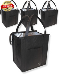 Black Insulated Grocery Bags 4 Pack Reusable Shopping Bags with Zippered Top for