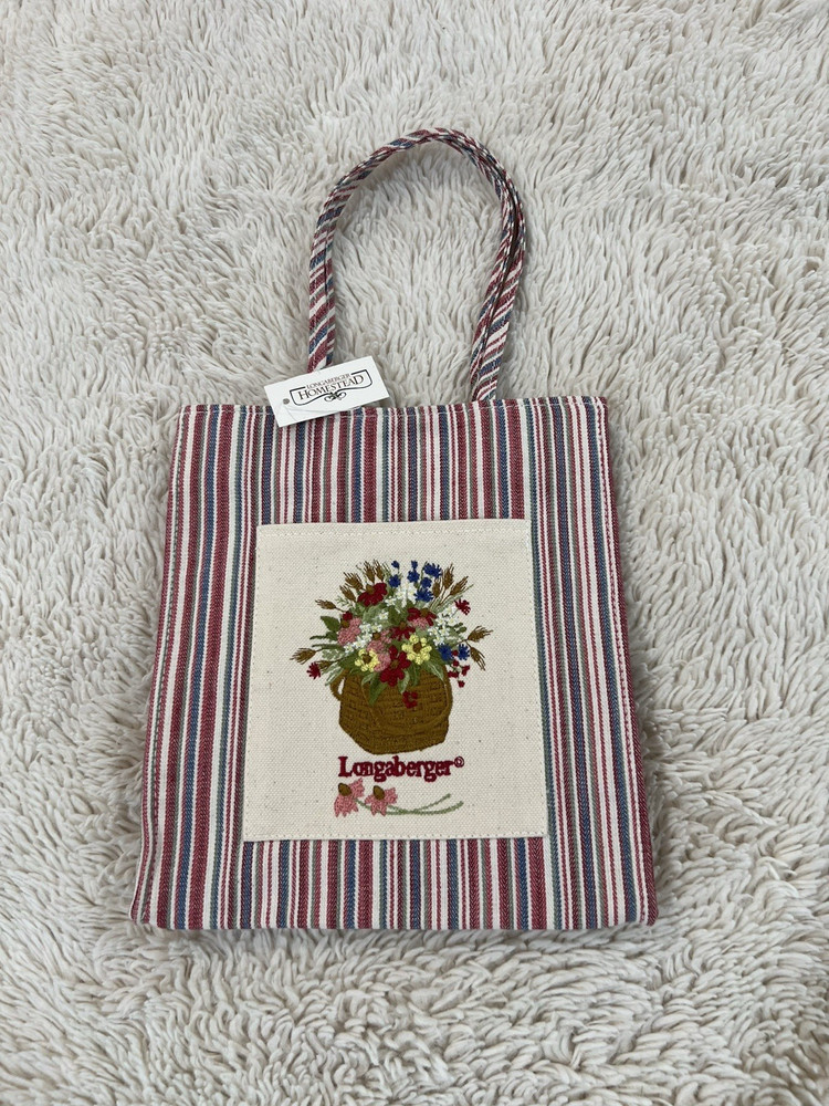 NEW Longaberger Small Canvas Tote Striped Floral Embroidered Red Green Blue Bag