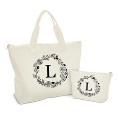 Personalized Initial Canvas Tote Bag with Zipper, Present Bag with Inner Pock…