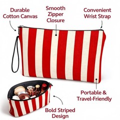 Striped Canvas Makeup Bag – Red & White Zipper Cosmetic Pouch &