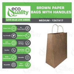 13x7x17 Medium Kraft Brown Paper Shopping Bags w. Twine Handles Reusable 500pcs