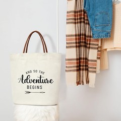 Adventure Begins Women’s Aesthetic Canvas Tote, Grad Gift, Leather Handles