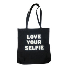 QUAY Black Canvas Reusable Tote Bag Love Your Selfie Text Pattern