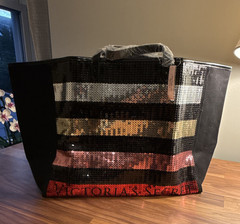 Victoria’s Secret Sequin Striped Tote Reusable Shopping Bag Black One Size 19in