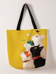 Stacked Cat Canvas Tote Bag Reusable Fashionable Shopping Handbag