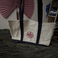LARGE Trader Joe’s Foldable Reusable Tote Bag -Beige Navy Blue Cotton