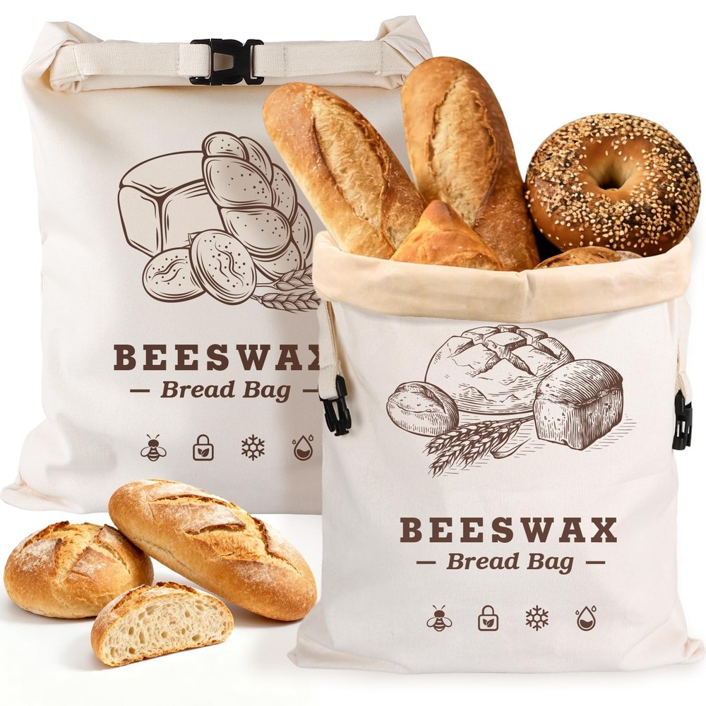 Beeswax Bread Bags，Extra Large 2 Pack- 17″×13″ Reusable Sourdough BrownWhite
