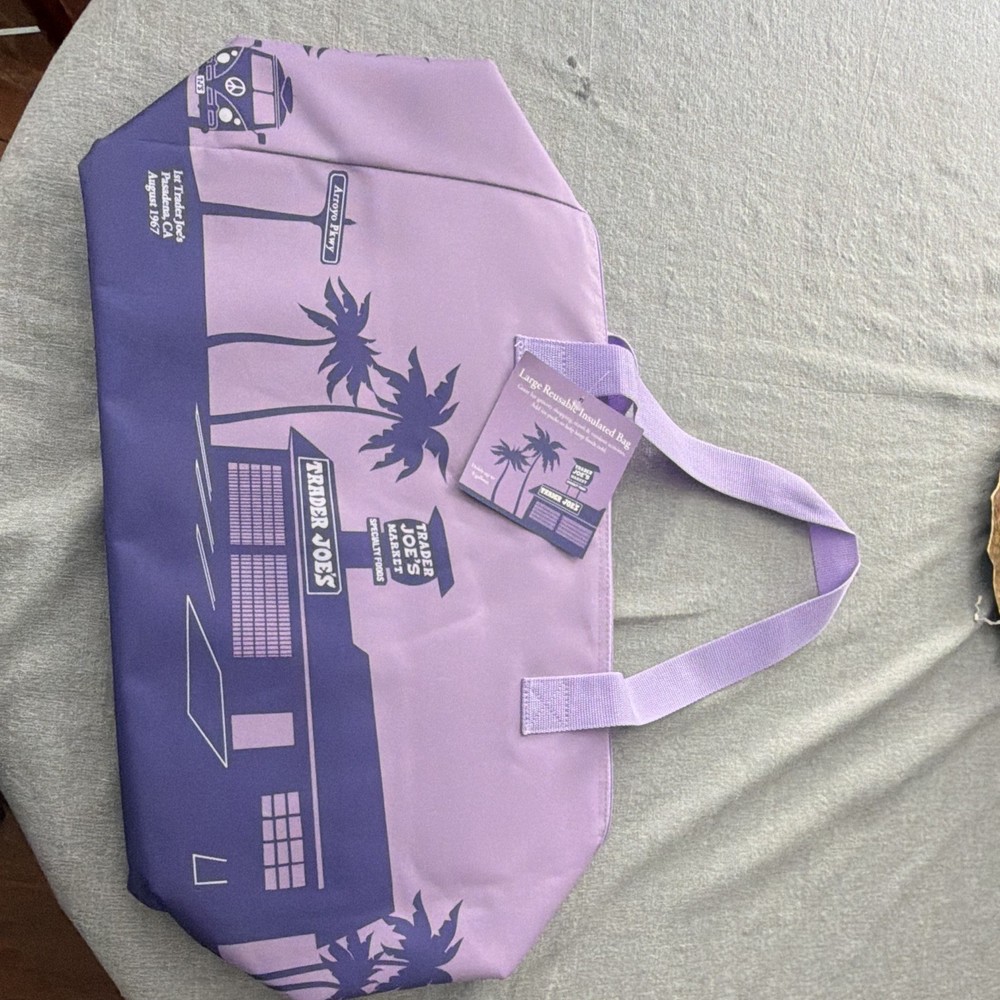 Trader Joe’s Purple Reusable Tote Shopping Bag, Palm Trees Store Graphic, Large