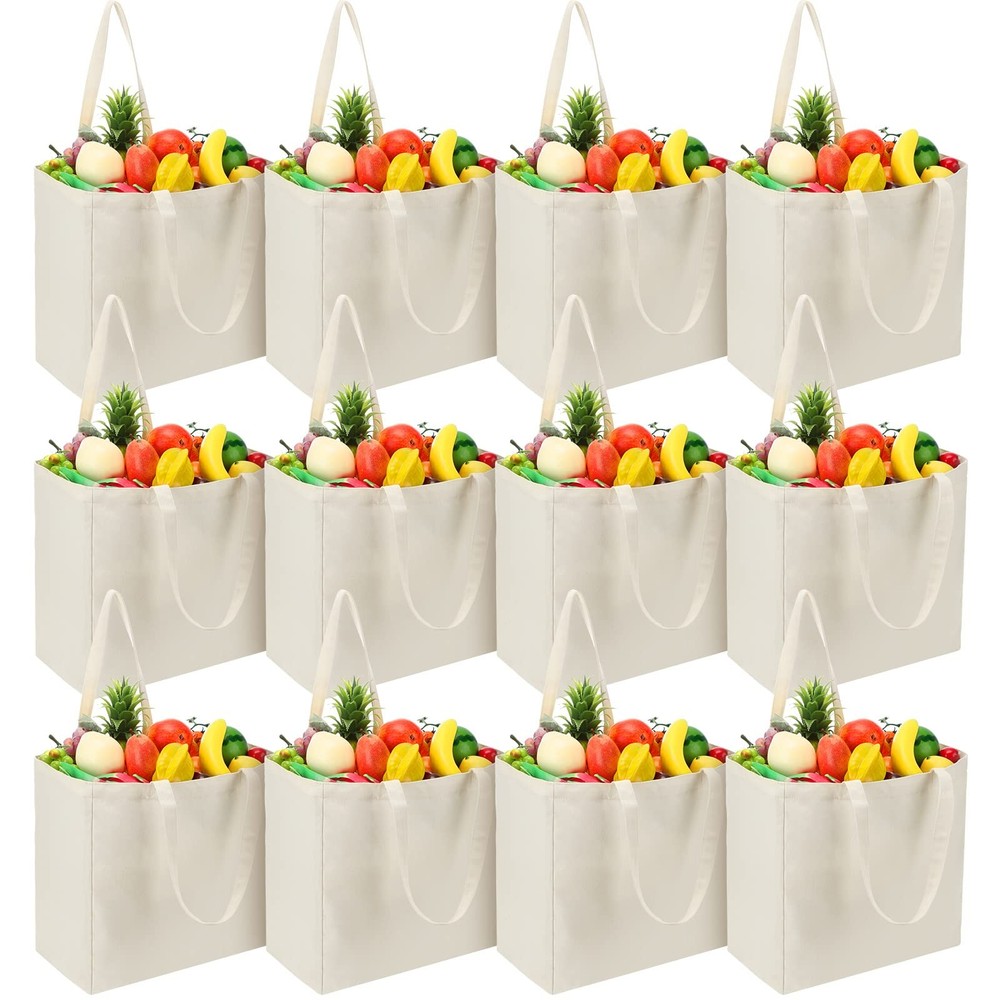 12 Pack Canvas Grocery Bag Large Blank Shopping Tote Bags Reusable Pouches Bu…