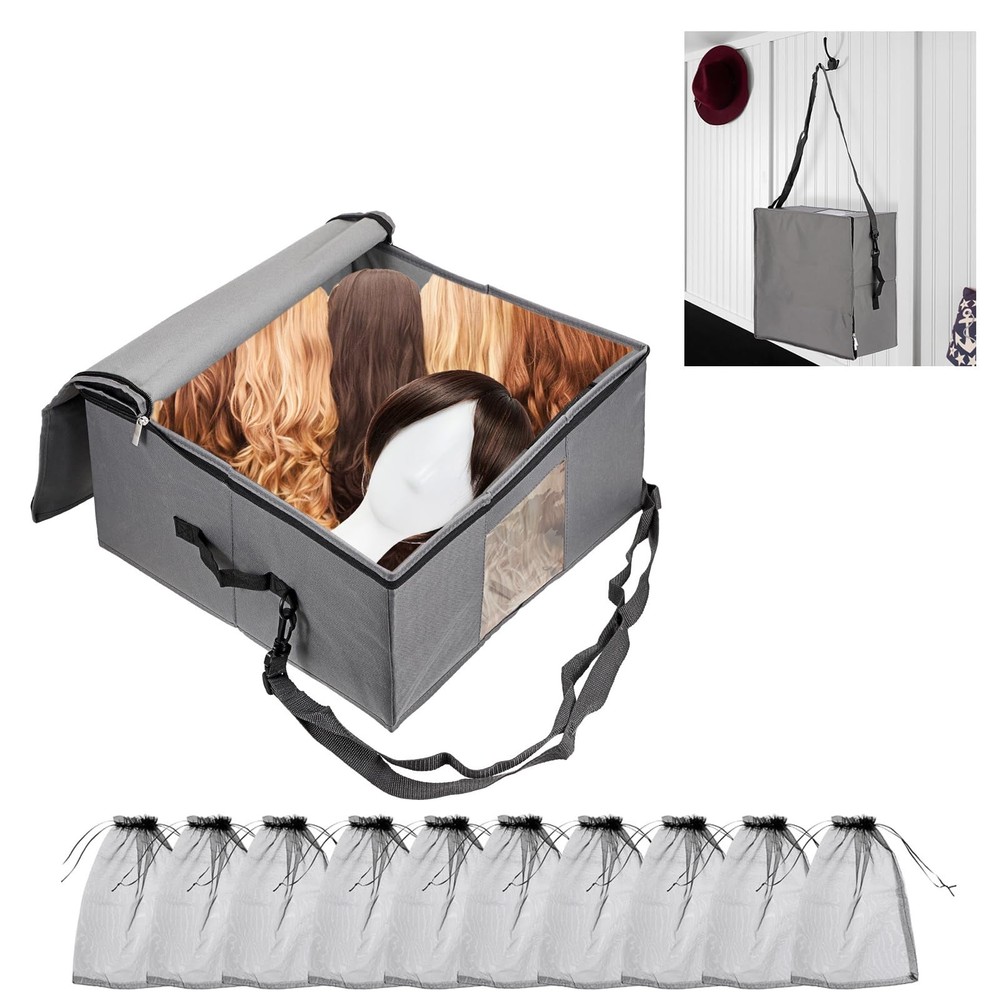 Hoowen Fabric Wig Storage Box, Foldable Travel 16.7×16.5×8.7 inches, Grey