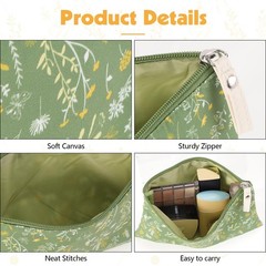 Pengxiaomei 2 Pcs Green Floral Makeup Bags, Small Zipper Cosmetic Bag