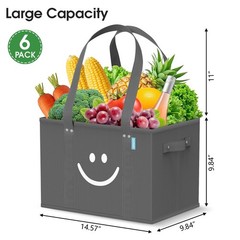 6 PCS Grey Reusable Grocery Bags Collapsible Tote Shopping Sturdy Handles