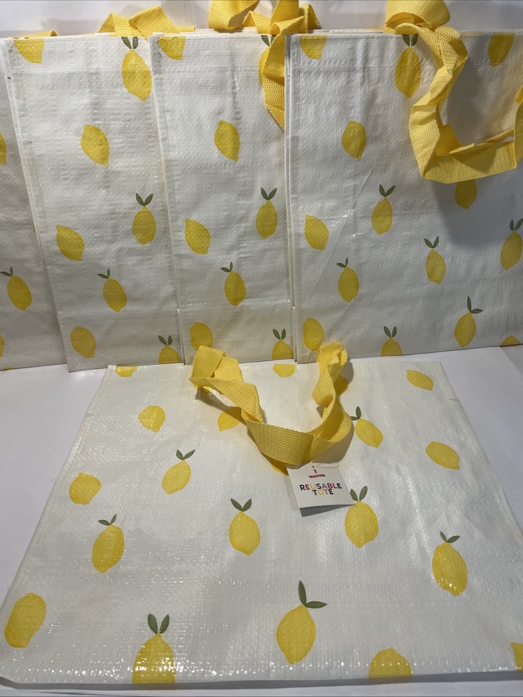 5- Reusable Foldable Shopping Grocery Gift Tote Bag NWT, White with Lemons