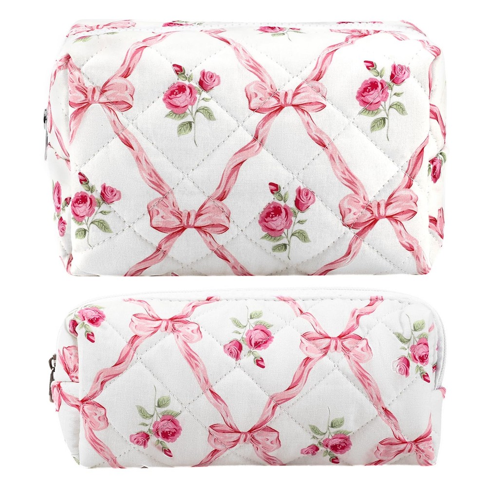 URSKYTOUS 2Pcs Cotton Quilted Makeup Bag for Women Girls Coquette Pink Bow